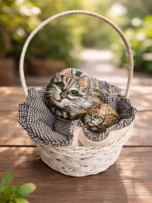 Handmade painted cat stone with kitten in decorative basket like new