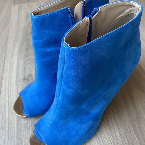 Electric Blue Suede Peep-Toe Heeled Ankle Boots, size 38