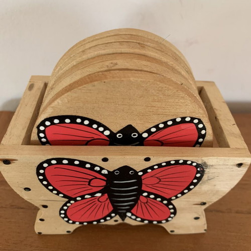 Wooden coasters with holder, handmade, like new, butterfly design, set of six