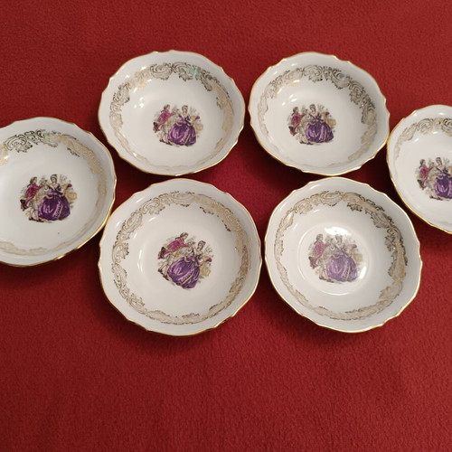 Porcelain bowls white set of 6 like new with French luxury decoration