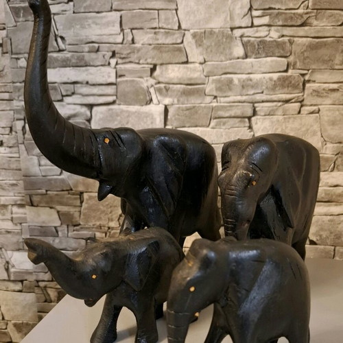 Wooden elephants used, set of 4, solid wood