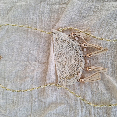 Handmade romantic necklace with lace in beige and gold tones
