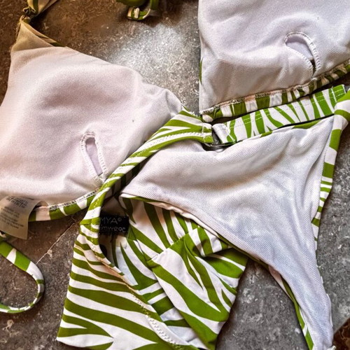 Women's bikini swimsuit used, green and white leopard print, size S/M