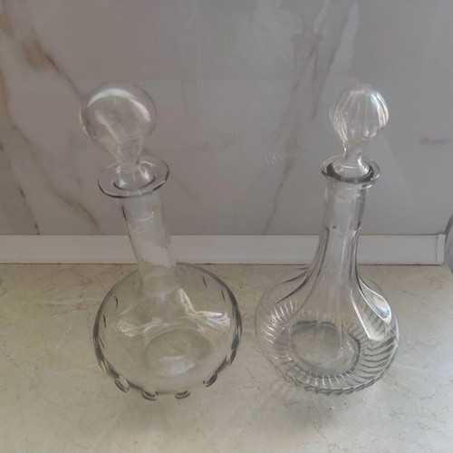 Antique Hand Blown Long Necked Sherry Decanters Pair used