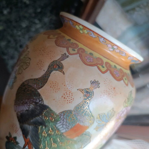 Handmade porcelain vase with peacocks vintage decoration