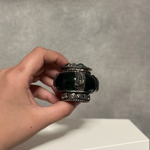 Vintage silver-plated decorative box with green glass and stones