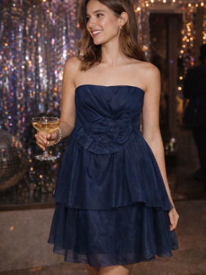 Blue strapless Zara dress like new, short, with appliqué flower