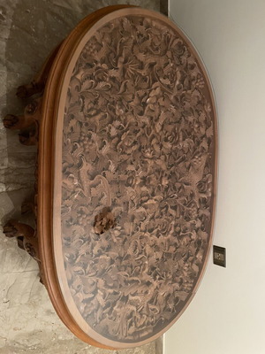 Handcrafted carved garden coffee table, solid wood