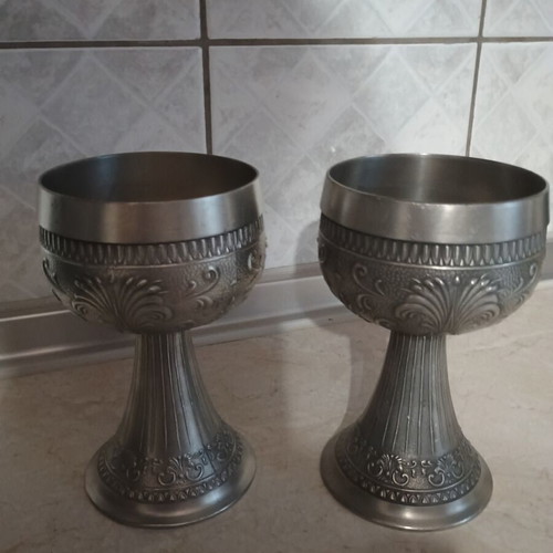 Vintage pewter goblets used, set of two with embossed designs