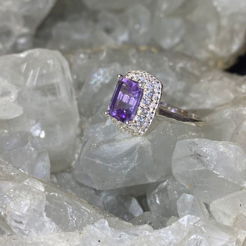 Silver ring with natural amethyst cut stone and moissanite, new