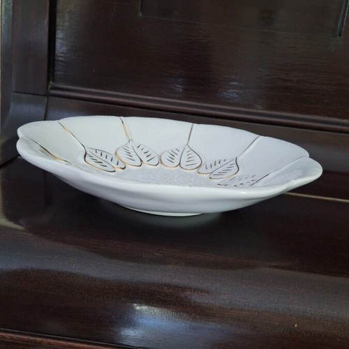Handmade ceramic platter white with gold decoration, like new