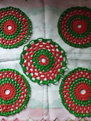 Set of 5 hand-crocheted cotton coasters, new