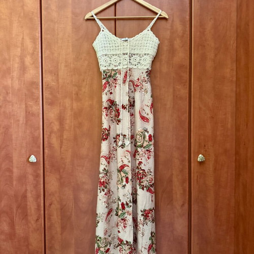 Retro floral summer dress used, size XS/S, beige multicolor