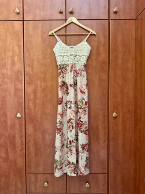 Retro floral summer dress used, size XS/S, beige multicolor