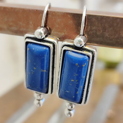 Lapis Lazuli rectangular drop earrings, antique silver tone