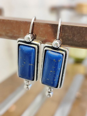 Lapis Lazuli rectangular drop earrings, antique silver tone