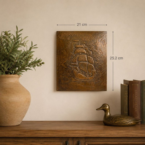 Vintage copper wall art with sailing ship relief, like new