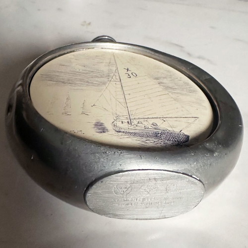 IBW Sheffield pewter flask used with nautical scene 1970s