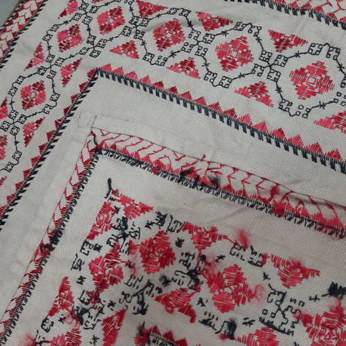 Vintage Hand Embroidered Tablecloth 1960s Silk Red and Black