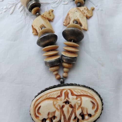 Vintage Ethnic Boho Necklace carved from bovine bone, used