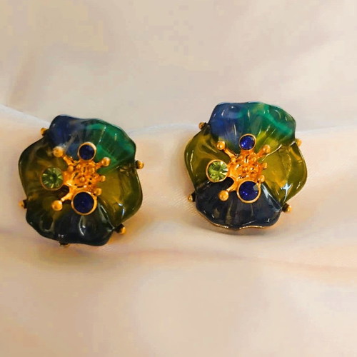 Earrings new blue and green resin flower in gift box
