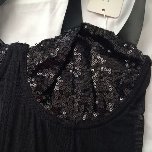 Women's black bustier corset top with sequins and sheer waist