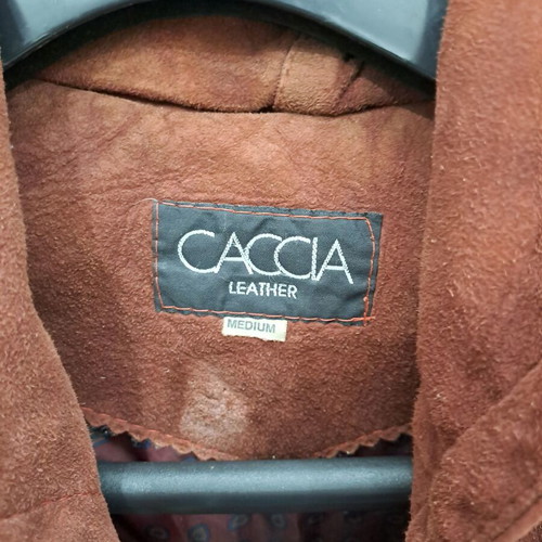 Men's suede jacket used, vintage brown-burgundy with hood, size M