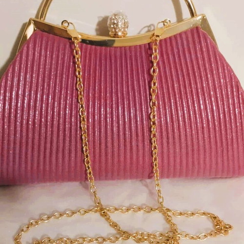 Vintage style fuchsia-magenta satin pleated bag new with strass clasp