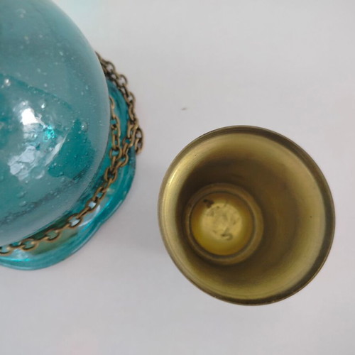 Hanging Oil Lamp Used, Free Blown Glass with Metal Chain