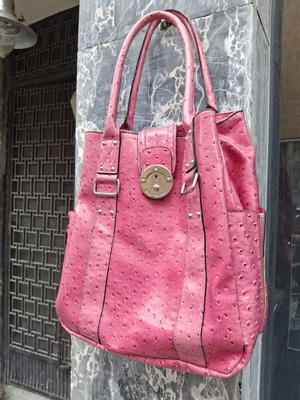 Byblos Blu Pink Leather Ostrich Shoulder Bag used with wear
