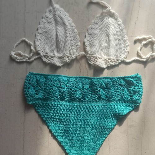Handmade knitted bikini turquoise and white size medium like new