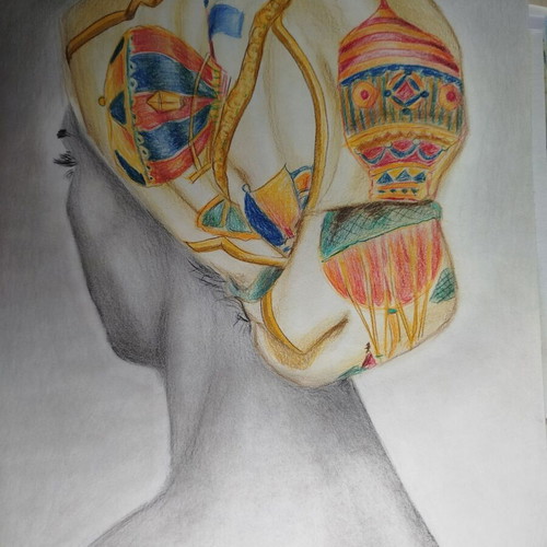 Woman with Scarf Drawing with Watercolor Pencils on Paper 30x40 cm New