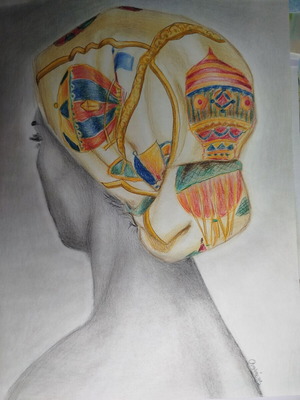 Woman with Scarf Drawing with Watercolor Pencils on Paper 30x40 cm New