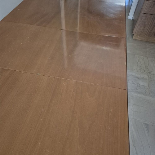 Wooden kitchen dining table with extension and 4 fabric chairs used