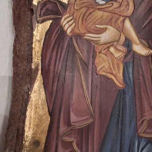Vintage 1990s Greek Orthodox icon of Panagia with Christ on natural pine wood