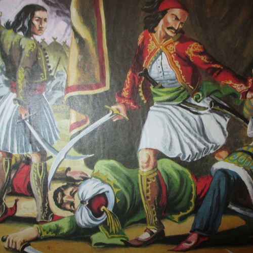 Chromolithograph Markos Botsaris in the Battle of Karpenisi used