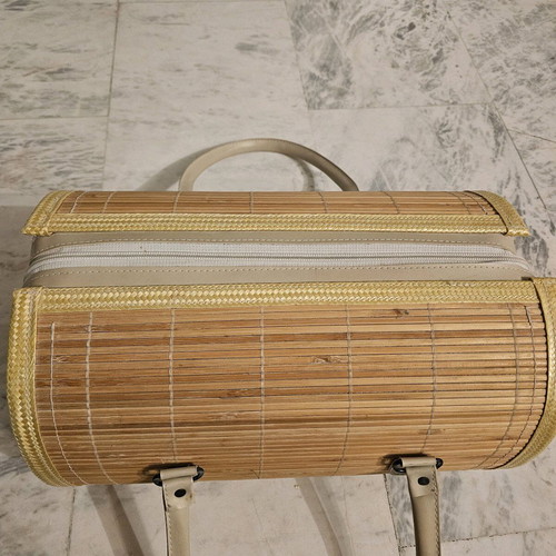 Soft wooden handbag with fabric beige like new
