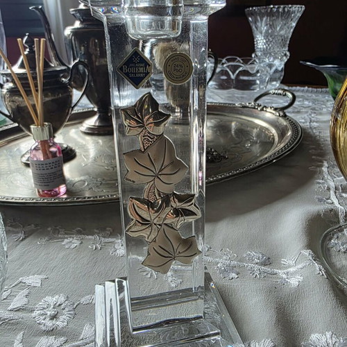 Bohemia Jihlavské Sklárny candle holder like new with silver leaves