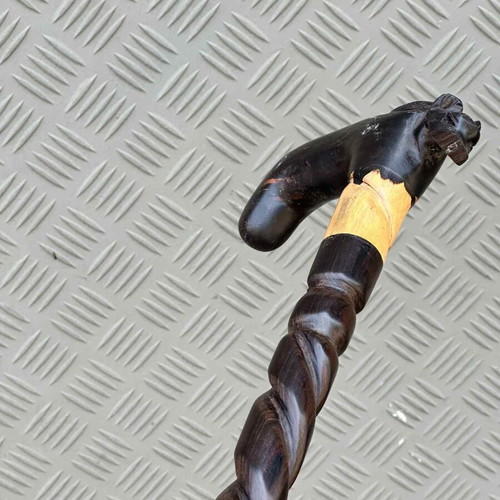 Handmade wooden cane with horse head used, carved artistic detail