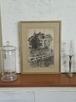 Ink drawing wooden framed art used with author's signature