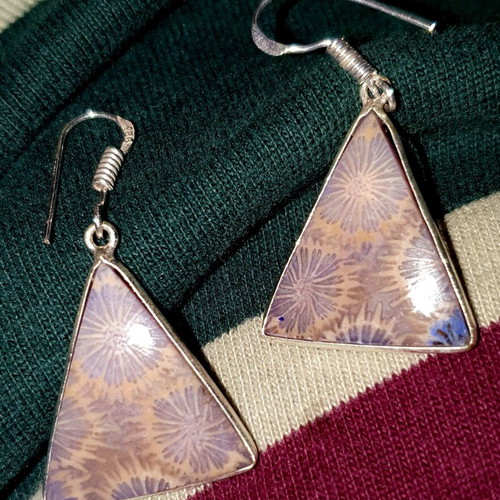 Triangular fossil coral earrings silver handmade