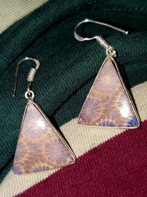 Triangular fossil coral earrings silver handmade