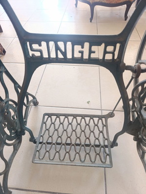 Vintage table console with Singer cast iron base and marble top used