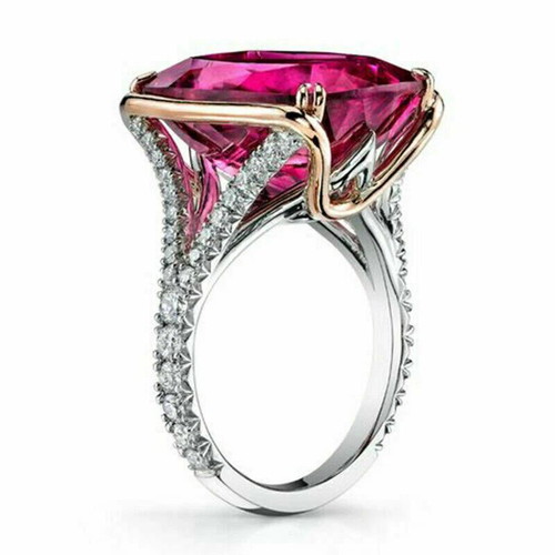 Ring with 4-Carat Lab-Created Red Ruby New, White Zircon, Gold Plated