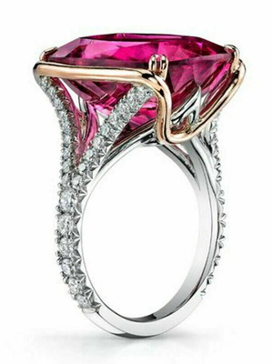 Ring with 4-Carat Lab-Created Red Ruby New, White Zircon, Gold Plated