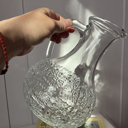 Vintage Glass Carafe 70s with Embossed Daisy Pattern Made in Italy