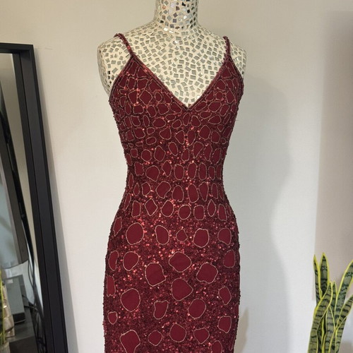 Vintage Charly Silk Beaded Midi Dress Burgundy sequined, like new, size S