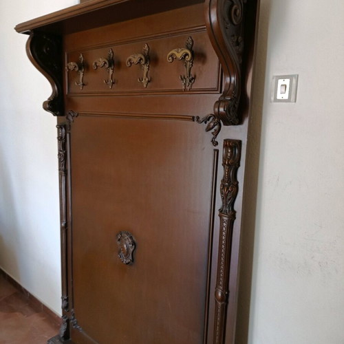Handmade walnut coat rack used, 1970s with brass hooks
