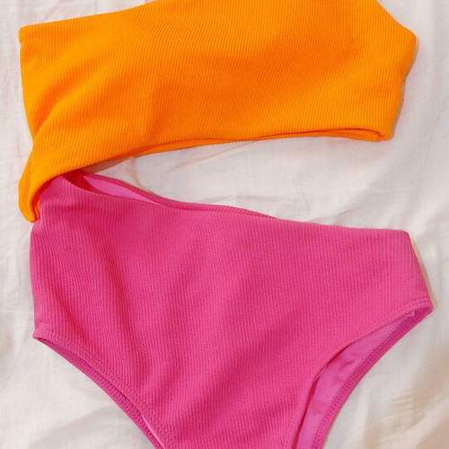 Monokini swimsuit new, color-block fuchsia and orange one-shoulder cutout