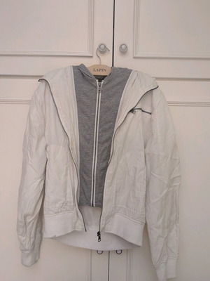 White windbreaker jacket with gray zipper and hood like new, size S